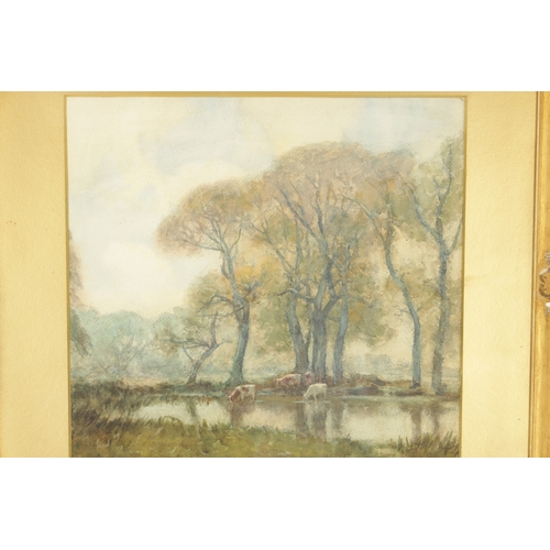 1132 - AN EARLY 20TH CENTURY WATERCOLOUR SIGNED BY DAVID BARKER depicting cattle drinking under woodland - ... 