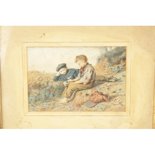 1135 - WILLIAM HUNT. A 19TH CENTURY WATERCOLOUR. Two boys with a songbird, signed lower left - mounted in a... 