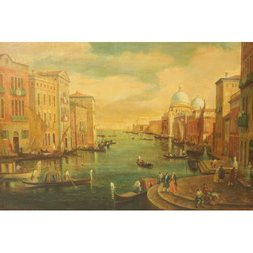 1142 - A LARGE 19TH CENTURY OIL ON CANVAS VIEW ON THE GRAND CANEL, VENICE laid on board with later gilt fra... 