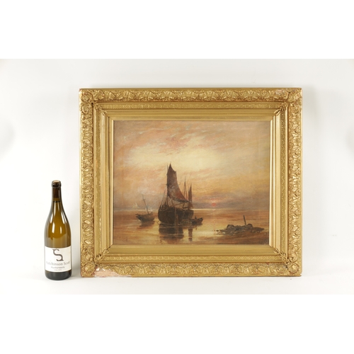 1146 - R. E. RENDELL AN EARLY 20TH CENTURY OIL ON CANVAS sunset coastal scene, mounted in a leaf moulded gi... 