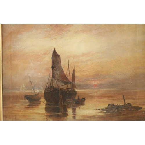 1146 - R. E. RENDELL AN EARLY 20TH CENTURY OIL ON CANVAS sunset coastal scene, mounted in a leaf moulded gi... 