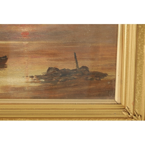 1146 - R. E. RENDELL AN EARLY 20TH CENTURY OIL ON CANVAS sunset coastal scene, mounted in a leaf moulded gi... 