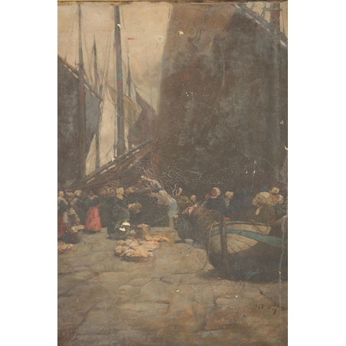 1148 - CECIL JAMES HOBSON (BRITISH, 1874-1915) OIL ON CANVAS of fisher folk on the harbour, signed and date... 