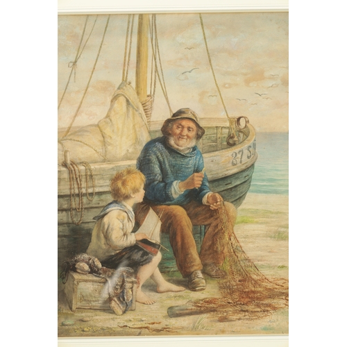 1151 - JAMES DRUMMOND (BRITISH 1816-1877). LARGE WATERCOLOUR. Titled 'Mending The Nets', signed lower left ... 