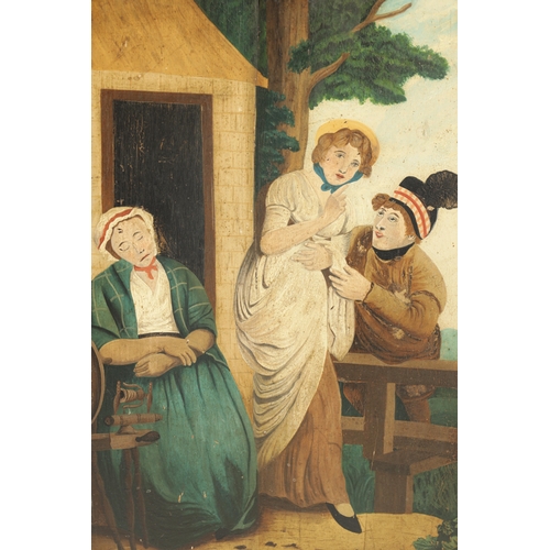 1152 - A PAIR OF 19TH CENTURY NAIVE OIL ON BOARDS depicting a tavern scene with Officer and a country cotta... 