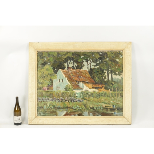 1157 - AN EARLY 20TH CENTURY IMPASTO OIL ON CANVAS COUNTRY COTTAGE LANDSCAPE - indistinctly signed, mounted... 