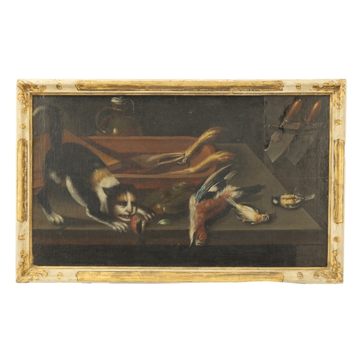 1161 - A PAIR OF LATE 17TH CENTURY CONTINENTAL STILL LIFE OILS ON CANVAS depicting cats stealing the game, ... 