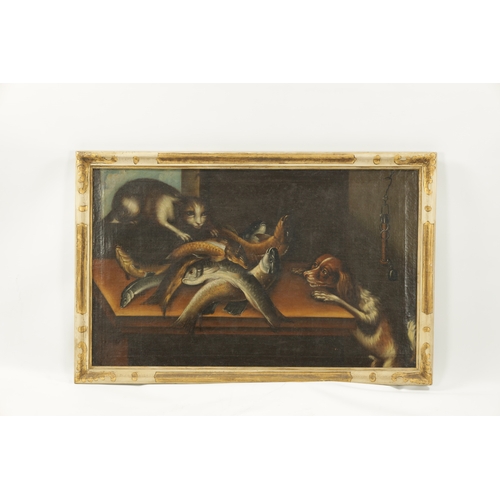 1161 - A PAIR OF LATE 17TH CENTURY CONTINENTAL STILL LIFE OILS ON CANVAS depicting cats stealing the game, ... 