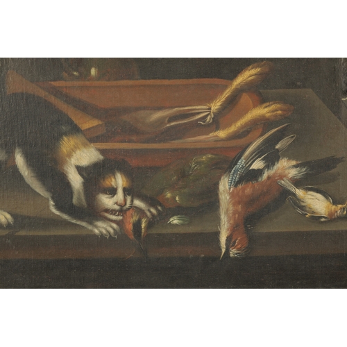 1161 - A PAIR OF LATE 17TH CENTURY CONTINENTAL STILL LIFE OILS ON CANVAS depicting cats stealing the game, ... 