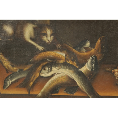 1161 - A PAIR OF LATE 17TH CENTURY CONTINENTAL STILL LIFE OILS ON CANVAS depicting cats stealing the game, ... 