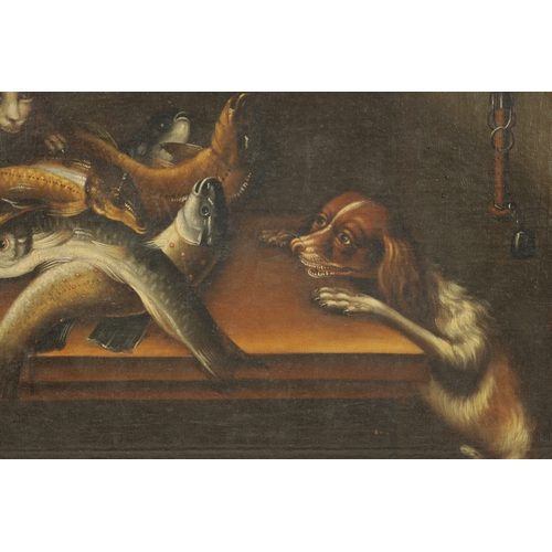 1161 - A PAIR OF LATE 17TH CENTURY CONTINENTAL STILL LIFE OILS ON CANVAS depicting cats stealing the game, ... 