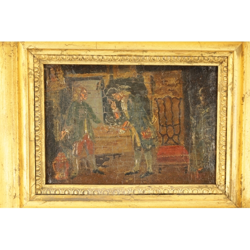 1162 - 18TH/19TH CENTURY OIL ON OAK PANEL - THE ANTIQUE DEALER’S SHOP An interior shop scene with chattels ... 