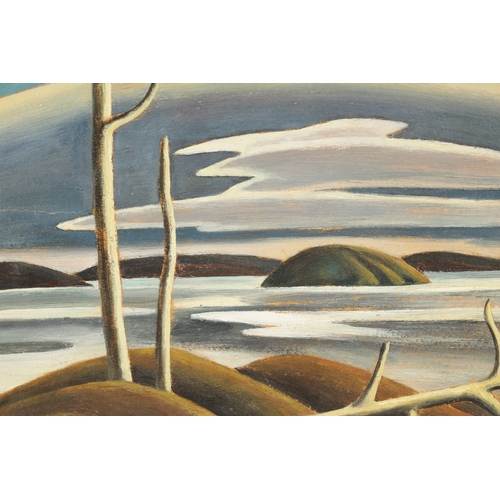 1166 - ATT LAWREN STEWART HARRIS (CANADIAN, 1885-1970) OIL ON BEAVERBOARD abstract coastal scene - signed, ... 