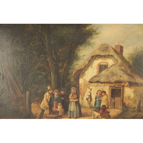 1171 - CHARLES HUNT (BRITISH, 1829-1900). A 19TH CENTURY OIL ON BOARD. County cottage scene with peddler me... 