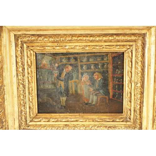 1176 - 18TH/19TH CENTURY OIL ON OAK PANEL - THE CHINA DEALER’S SHOP An interior shop scene with shelved war... 