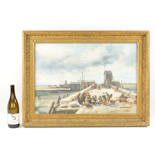 1177 - A 20TH CENTURY OIL ON BOARD depicting a coastal scene with fishermen on a pier, signed E McLean lowe... 