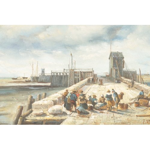 1177 - A 20TH CENTURY OIL ON BOARD depicting a coastal scene with fishermen on a pier, signed E McLean lowe... 