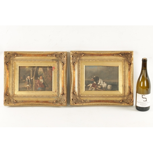 1181 - A PAIR OF 19TH CENTURY OIL ON TIN CHILDREN WITH A DOG AND PLAYING IN A WOOD - later gilt frames (15c... 