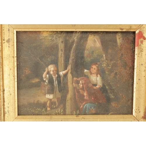 1181 - A PAIR OF 19TH CENTURY OIL ON TIN CHILDREN WITH A DOG AND PLAYING IN A WOOD - later gilt frames (15c... 