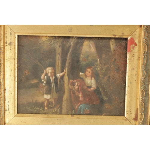 1181 - A PAIR OF 19TH CENTURY OIL ON TIN CHILDREN WITH A DOG AND PLAYING IN A WOOD - later gilt frames (15c... 