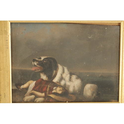 1181 - A PAIR OF 19TH CENTURY OIL ON TIN CHILDREN WITH A DOG AND PLAYING IN A WOOD - later gilt frames (15c... 