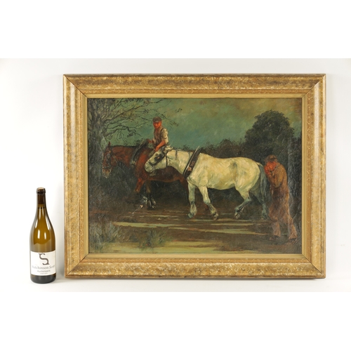 1182 - A LATE 19TH CENTURY OIL ON CANVAS workhorses with men, mounted in later moulded framed - unsigned (4... 