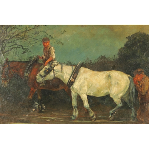 1182 - A LATE 19TH CENTURY OIL ON CANVAS workhorses with men, mounted in later moulded framed - unsigned (4... 