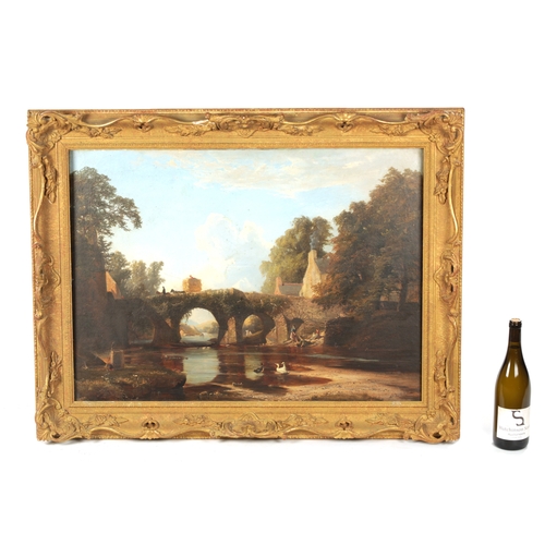 1186 - A 19TH CENTURY OIL ON CANVAS. Riverscene, unsigned - in a gilt swept frame (57cm high, 78cm wide )