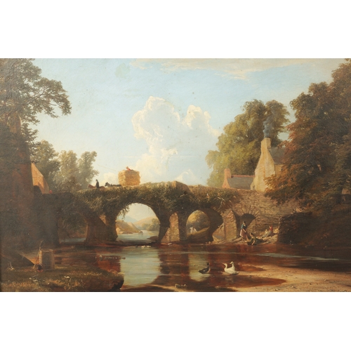 1186 - A 19TH CENTURY OIL ON CANVAS. Riverscene, unsigned - in a gilt swept frame (57cm high, 78cm wide )