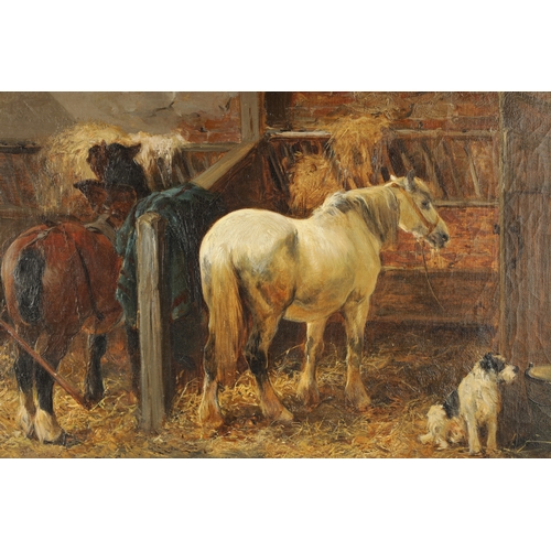 1187 - JOHN SARGENT NOBLE RBA (1848-1896) OIL ON CANVAS. A stable scene with horses and dog, signed lower r... 