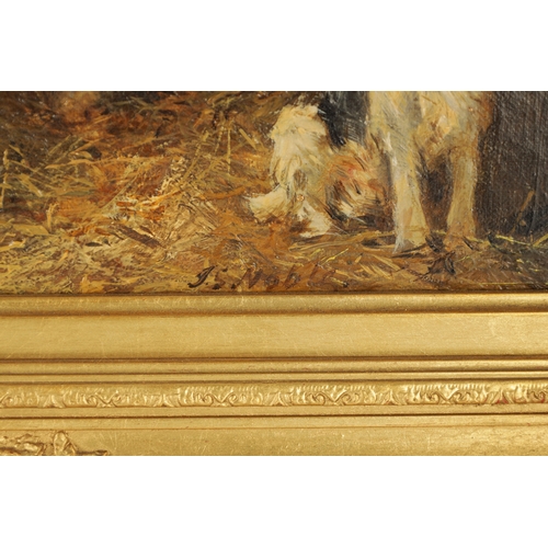 1187 - JOHN SARGENT NOBLE RBA (1848-1896) OIL ON CANVAS. A stable scene with horses and dog, signed lower r... 