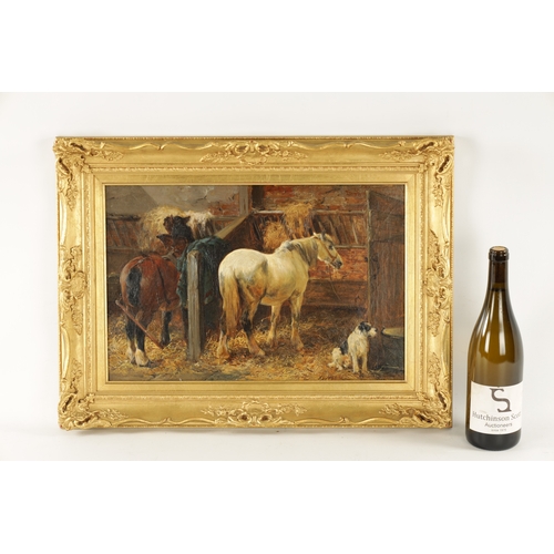 1187 - JOHN SARGENT NOBLE RBA (1848-1896) OIL ON CANVAS. A stable scene with horses and dog, signed lower r... 