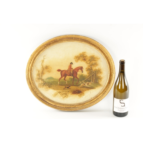 1189 - A LATE 19TH CENTURY OVAL OIL ON TIN. Hunting scene with horse and rider following two hounds - in a ... 