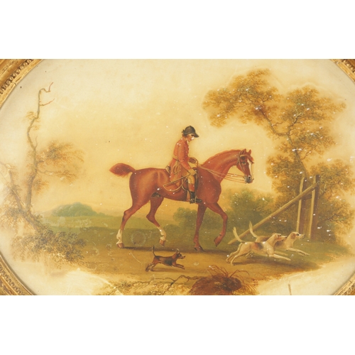 1189 - A LATE 19TH CENTURY OVAL OIL ON TIN. Hunting scene with horse and rider following two hounds - in a ... 