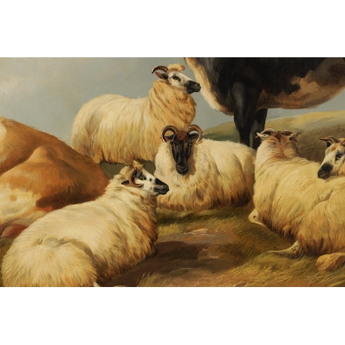 1191 - JOHN W. MORRIS (1865-1924) A LARGE OIL ON CANVAS. Cattle and sheep resting, signed lower left - in g... 