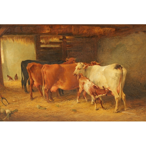 1193 - A 19TH CENTURY SIGNED ENGLISH SCHOOL OIL ON CANVAS. Barn scene with cows and chickens, signed J. Wic... 