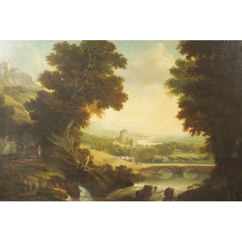 1194 - ATT. JOHN GLOVER (1767-1849). A LARGE OIL ON CANVAS. River landscape with herded cattle and bridges,... 