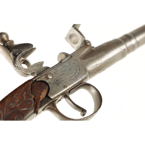 795 - A GEORGE III BOX AND FLINTLOCK PISTOL having a screw-off steel cannon barrel with double-struck proo... 