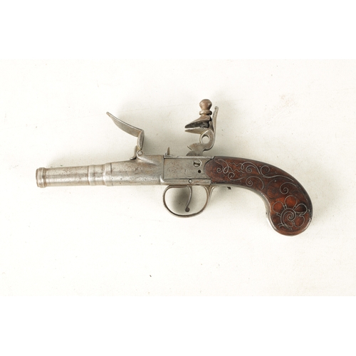 795 - A GEORGE III BOX AND FLINTLOCK PISTOL having a screw-off steel cannon barrel with double-struck proo... 