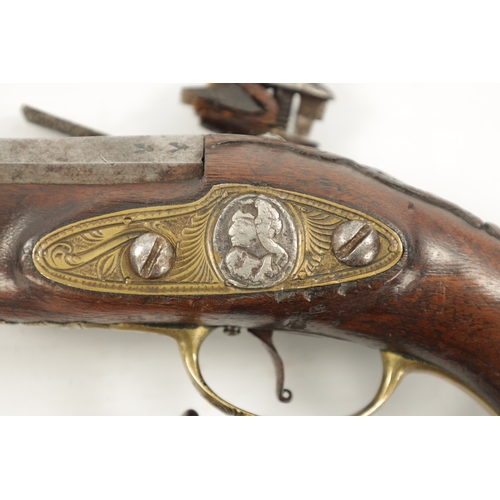 798 - A PAIR OF 18TH CENTURY BRASS MOUNTED SPANISH FLINTLOCK PISTOLS each fitted a two-stage steel barrel ... 