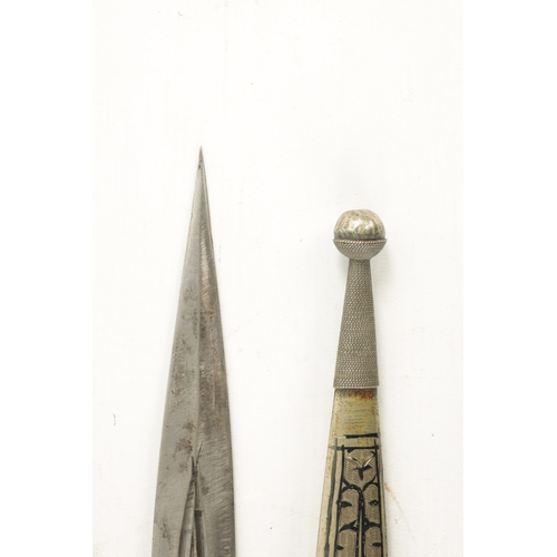 804 - A SILVER NIELLO WORK QAMA DAGGER the horn handle and scabbard having inlaid decoration, with double ... 