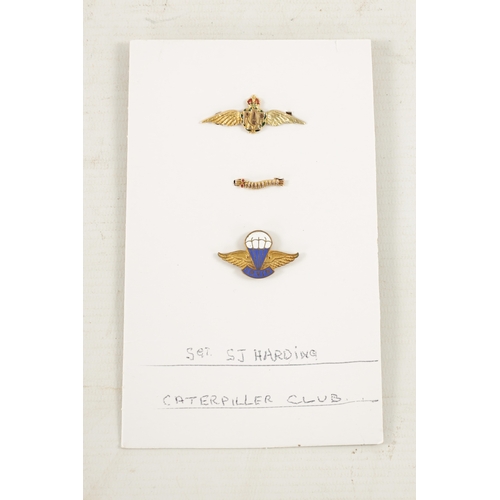 821 - A RARE WW2 GOLD CATERPILLAR CLUB BADGE WITH RUBY EYES AWARDED TO SERGEANT S.J. HARDING together with... 