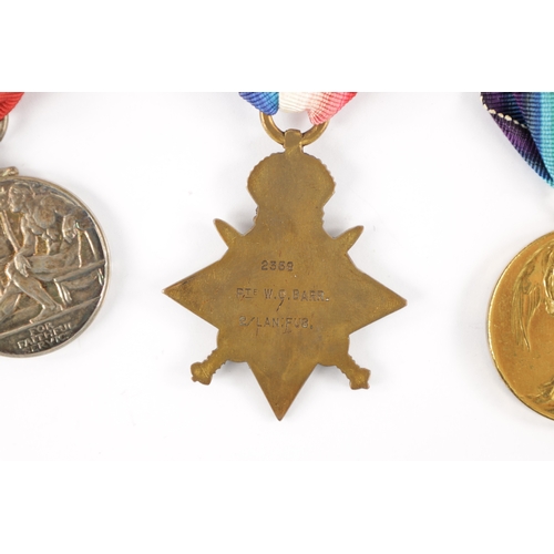 834 - A GROUP OF FIVE WW1 MEDALS presented to 2359 PTE. WILLIAM CHARLES BARR, LAN. FUS. Comprising of The ... 