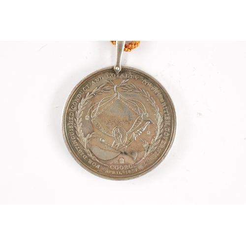 854 - AN HONOURABLE EAST INDIAN COMPANY SILVER MEDAL FOR THE COORG REBELLION 1837 with suspension loop and... 