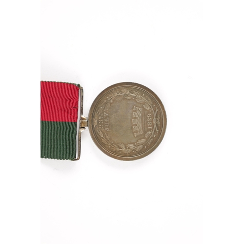 908 - A GHUZNEE MEDAL 1839 unnamed, with green and red ribbon (38mm diameter )