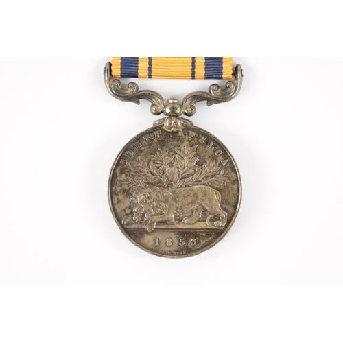 914 - A SOUTH AFRICA MEDAL 1853 presented to A. MCINTYRE. 1ST BTN. RIFLE BDE. with scroll bar suspension a... 