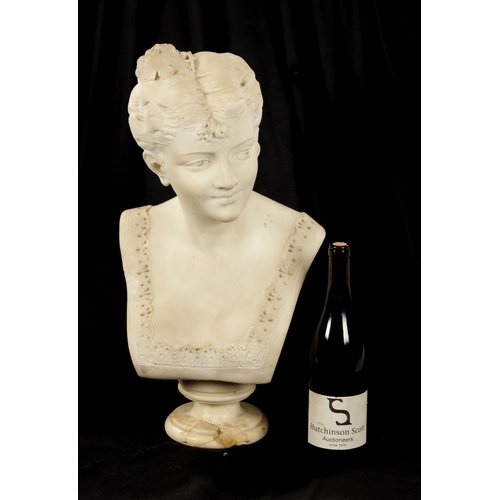 921 - AN EARLY 20TH CENTURY ITALIAN CARVED MARBLE BUST OF A YOUNG LADY wearing an acorn headpiece and lace... 