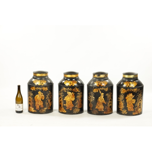 926 - A SET OF FOUR 19TH CENTURY CHINOISERIE LACQUERED TOLE TEA CANISTERS of oval form decorated with Chin... 