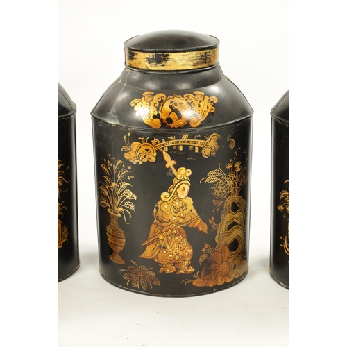 926 - A SET OF FOUR 19TH CENTURY CHINOISERIE LACQUERED TOLE TEA CANISTERS of oval form decorated with Chin... 