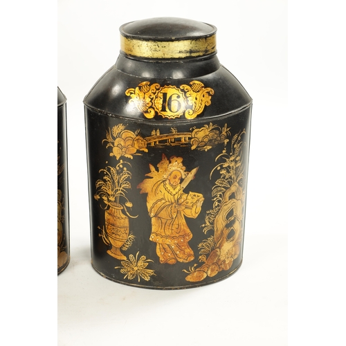 926 - A SET OF FOUR 19TH CENTURY CHINOISERIE LACQUERED TOLE TEA CANISTERS of oval form decorated with Chin... 